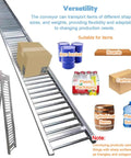 Collapsible Gravity Conveyor Roller For Warehouse Unloading, Portable Stainless Steel Conveyor Belt Table loaded with a box.