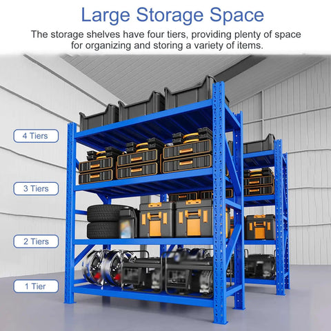 Heavy Duty Adjustable Steel Storage Shelves, Four Tier Garage Rack, blue shelving unit with various tools organized.