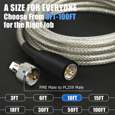 Removable UHF Connector Coax RG8X 10ft Low Loss Antenna Cable With Waterproof Boot and connectors displayed on black background