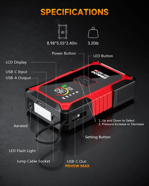 4 In 1 Jump Starter With Air Compressor And Tire Inflator, 4000A Car Battery Booster showing controls and specifications.