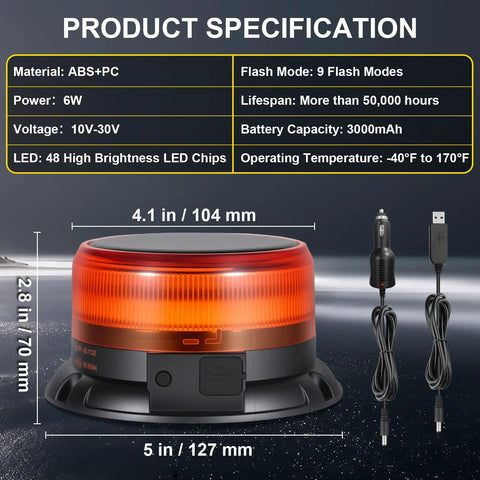 Badass Solar LED Amber Beacon Light With Weather Resistant Magnetic Base And Rechargeable Rotating Strobe Lamp For Pickups Tractors Golf Carts And Job Site Rigs specifications showing size and features