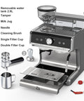Pro 20 Bar Espresso Machine With Built In Conical Burr Grinder And Steam Wand For Pulling Smooth Shots and Crafting Rich Lattes Solid Home Barista Gear With Gray Silver Finish with removable tank and components