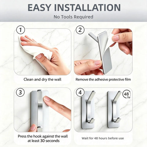 Installation steps for 4 Pack Heavy Duty Peel And Stick Wall Hooks In Bright Gold Finish Rock Solid Heavy Hitter Design.