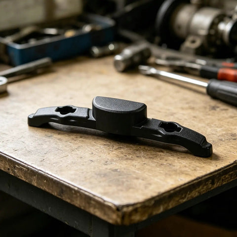Luggage Repair Button And Replacement Pull Handle Fix Broken Suitcase Grips With Ease Solid black plastic handle on workbench.
