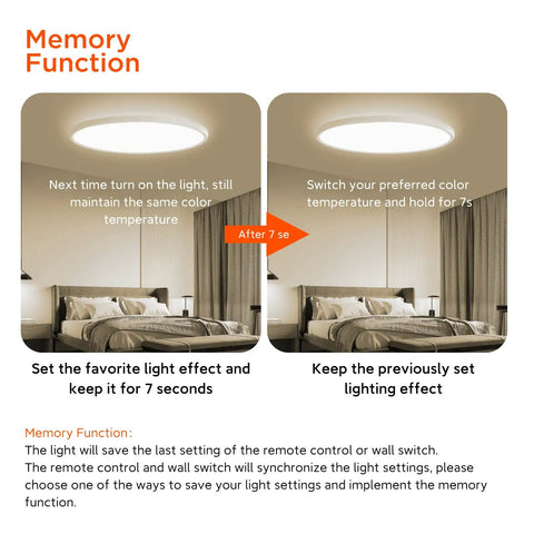 Remote Control Flush Mount LED Ceiling Light 18 Inch Round Fixture With Dimmable Color Changing Memory Function in bedroom.