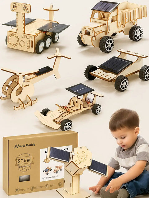 Child with 6-In-1 Solar Powered STEM Building Kit For Kids: Wooden DIY models of satellite, helicopter, and vehicles on display.