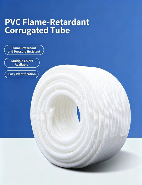 Badass Flexible PVC Corrugated Conduit For Electrical Wiring And Cable Routing With Flame Retardant Protection Heavy Duty Milk White Tubing, rolled and displayed.