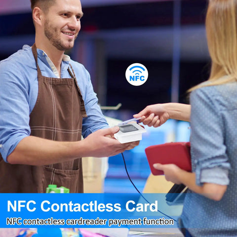 Person using NFC contactless card reader for payment at a counter