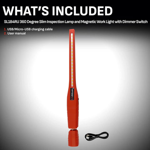 Slick Slim Inspection Lamp With Magnetic Work Light, 360 Degree Swivel And Tilt, with USB charging cable, SL184RU