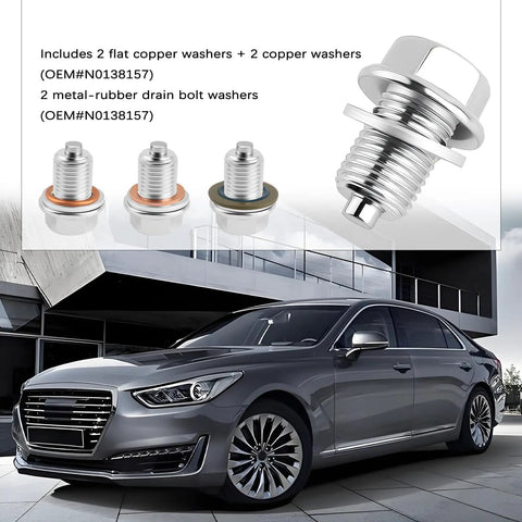 M14x1.5 Magnetic Oil Drain Plug Kit With Copper Gasket And Washers, car with drain plugs and washers highlighted