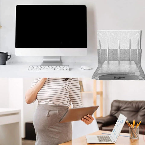 Mcvomy silver mesh Faraday router cover, EMF protection, fits 13.8–15.7 in router, shown on desk with computer