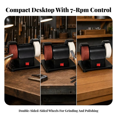Compact Electric Mini Bench Grinder Featuring Non Slip Grip For Tough Sharpening And Smooth Polishing Tasks A Badass Addition To Any Home Workshop For Weekend Mechanics Who Dig Clean Cuts Every Time, showing 7-rpm control and double-sided wheels.
