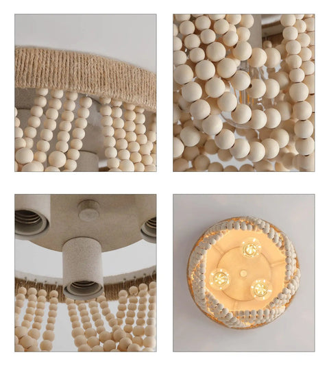 Close-up angles of Boho Chic Wood Beaded Flush Mount Light Fixture, Rustic Farmhouse Three Light Chandelier with E26 Sockets and hemp rope.