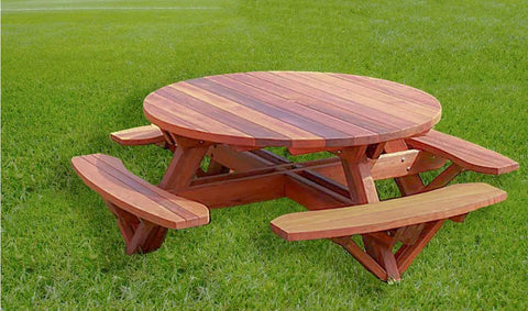 Adjustable Circle Cutting Guide Set Featuring Built Tough Metric And Imperial Scales For No Sweat Precision Cutting With Top Shelf Inside Outside Router Templates For Custom Woodworks on a circular wooden picnic table.