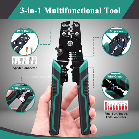 Rugged No Sweat 1740 Piece Heat Shrink Wire Connector Kit With Smooth Crimping Tool For AWG 22 To 10 Electrical Wiring multi-tool for crimping, stripping, and cutting wires.