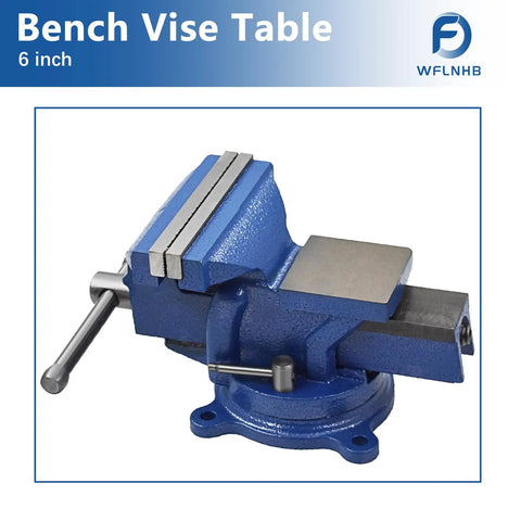 Heavy Duty 6 Inch Bench Vise With Table Top Clamp And 360 Degree Locking Swivel Base built tough, blue metal, side view