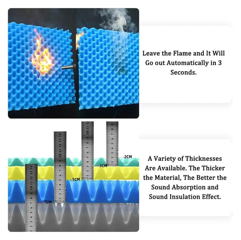 Hella Tough Sound Dampening Foam Panels 3Cm Thick Self Adhesive Acoustic Wall Mats displayed with fire resistant test and different thicknesses.