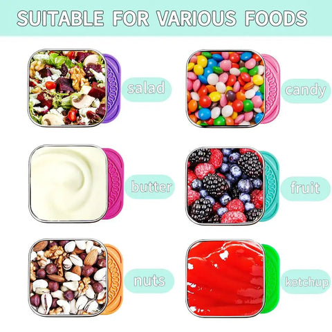 Six Pack 6oz Stainless Steel Snack Containers For Kids With Leakproof Silicone Lids containing salad, candy, butter, fruit, nuts, and ketchup