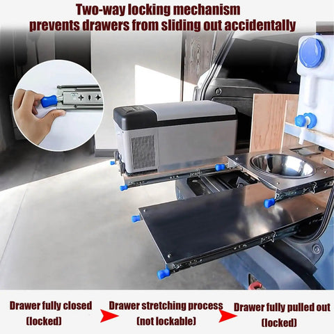 Beefed Up Heavy Duty Drawer Slides With Lock And Full Extension 850mm metal rails in three positions, illustrating functionality