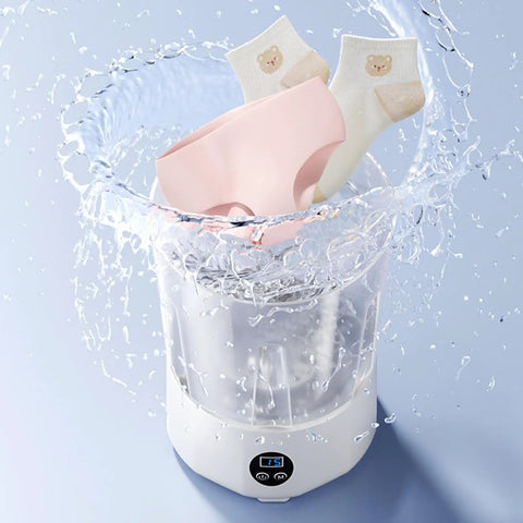 Slick Portable Mini Washing Machine For Underwear And Socks Featuring Three Gentle Wash Programs with socks and underwear in water.
