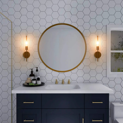Bathroom setup with Dope Dark Gold Wall Sconce With Seedy Glass Shade For Bathroom And Hallway on hexagon tile wall