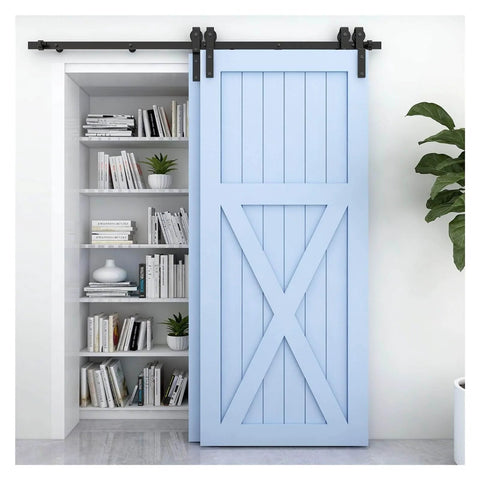 Heavy Duty Sliding Barn Door Hardware Kit For Double Doors Bypass Track System With Bent Hangers Anti Jumping Block