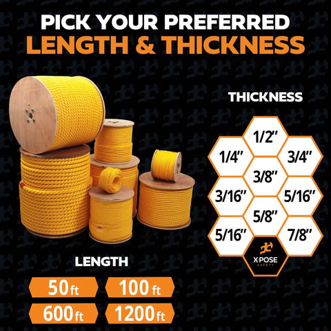 Bright Yellow Twisted Polypropylene Rope Quarter Inch Thick And 100 Feet Long Heavy Duty Outdoor And Marine Rope spools