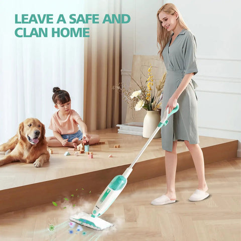 Woman using steam mop on wood floor with child and dog nearby, showcasing 4 Pack Microfiber Steam Mop Replacement Pads For S1000 Series.