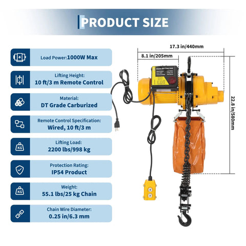 Super Heavy Duty 2200 Lbs Electric Chain Hoist With 20 Ft Lifting Height, Rock Solid 1 Ton Winch for garage with detailed specs.