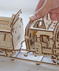3D Model Steam Locomotive Kit With Tender For Builders And Hobbyists, Gear Driven Train Replica With Rubber Motor, Vintage Steam Era Style For DIY Railfans And Train Nerds. Wooden locomotive and tender model with hand on cab