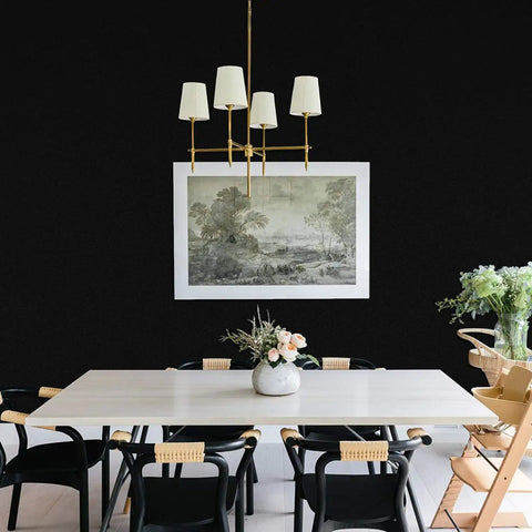 Dining room with artwork and chandelier against Peel And Stick Matte White Wallpaper For Walls And Furniture Self Adhesive White Contact Paper Removable Waterproof Easy DIY Kitchen Countertop Cabinet Wardrobe Makeover No Glue Required