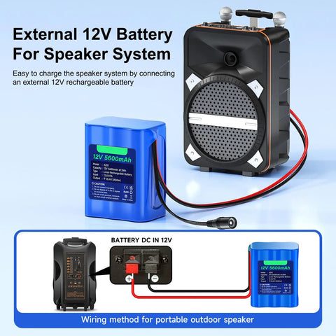 External speaker system with 12V 5600mAh lithium battery and charger leads for DIY projects and electronics setup guide.