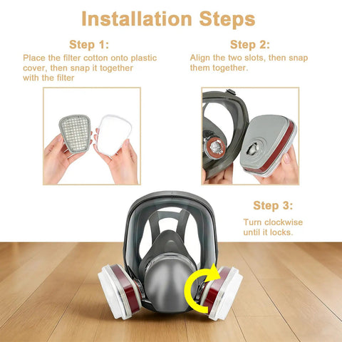 Installation instructions for Top Tier Full Face Respirator Mask With Replaceable Filters with filter and mask setup steps.