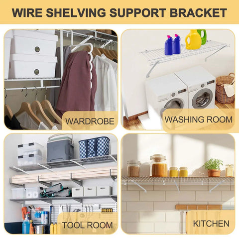 6 Piece 12 Inch Wire Shelf Brackets White Closet Support Hardware Total Game Changer With Straight Up Sturdy Triangle Frame That Stops Sagging Nonsense Included Wall Anchors Premium Metal Hidden Brackets Home Organization in wardrobe, washing room, tool room, kitchen settings.