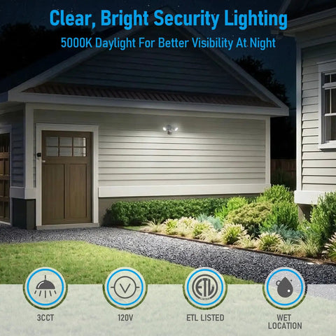 3CCT LED Security Light With Motion Sensor For Outdoor Use Dusk To Dawn Flood Light illuminating garage exterior at night