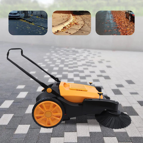 UILMLIO Manual Floor Sweeper With Foldable Handle, Motorless Design Saves Cash On Utility Bills on patio with fallen leaves.