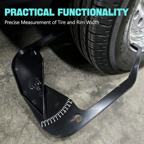No Sweat Rim Width Caliper Tool For Cars Quick Fitment Gauge measuring tire width next to vehicle tire on concrete floor