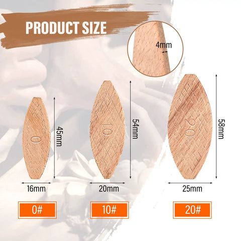 Beechwood Wood Joiner Biscuits Mixed Sizes Zero Ten Twenty Three Hundred Piece Knockout Kit sizes 0, 10, and 20 with dimensions shown.