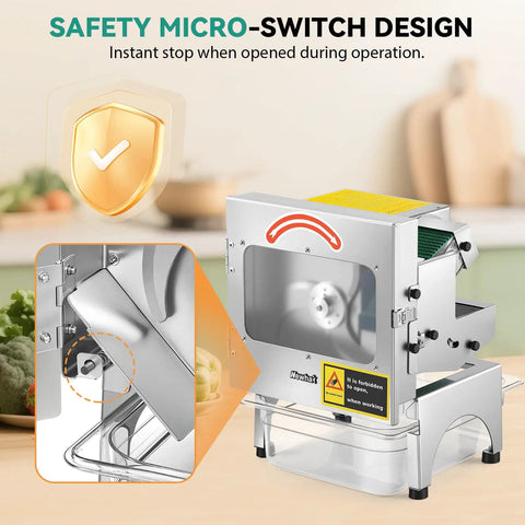 Commercial Electric Vegetable Slicer Featuring Automatic Conveyor Belt Cutting Tray for Green Beans, 200 Watt, safety micro-switch design.