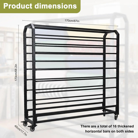 Straight Up Heavy Duty 16 Rods Fabric Roll Storage Rack With Adjustable Hanging Bars Easy Glide Casters No Fuss Vinyl Holder On Wheels showing dimensions 170cm x 173cm x 45cm.