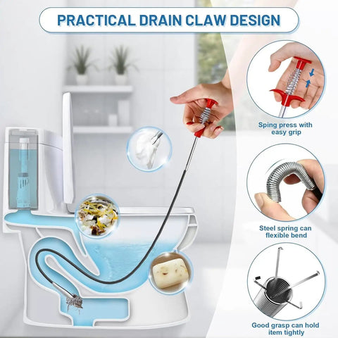 118 Inch Drain Snake Clog Remover Flexible Grabber Claw Reacher for Toilet Sewer Shower Kitchen Bathroom Tub Drain Cleaner, Heavy Duty Home Plumbing Tool for Deep Clogs