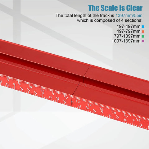 Close-up of sectioned aluminum alloy Updated Inch Parallel Guide Rail System For Woodworking with scale details and length measurements.