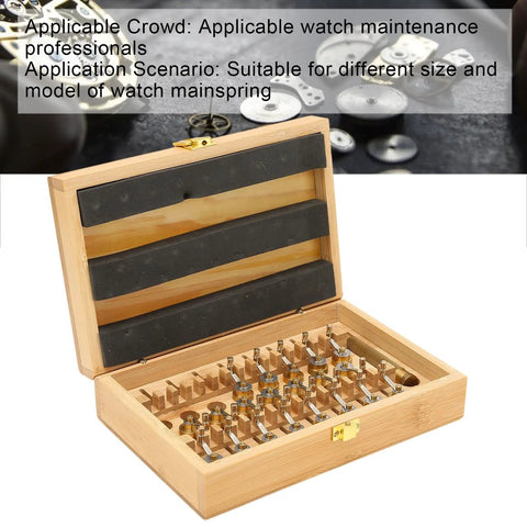 Pro Grade Mainspring Winder Tool Kit With Copper Construction in wooden box, open view showing organized winders