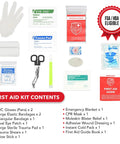 Swiss Safe 2-in-1 large hardcase first aid kit contents with gloves, bandages, scissors, emergency blanket and guide