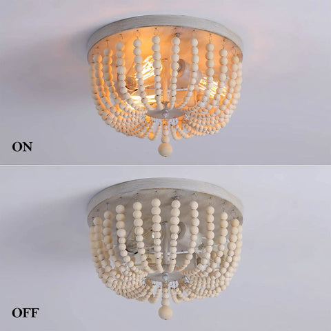 Wood Beaded Chandelier 3 Light Semi Flush Mount Boho Farmhouse Ceiling Light In Oak White Finish on and off view