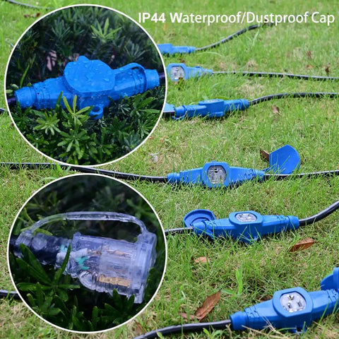 30 Ft Heavy Duty Extension Cord With 12 Gauge Wire on grass, blue indicator lights, IP44 waterproof caps, multiple outlets visible