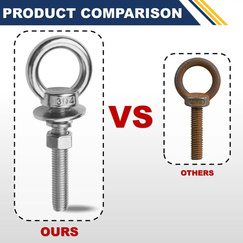 Product comparison: Eight Pack M8 Eye Bolts With Nuts And Washers For Heavy Duty Lifting And Tie Downs Five Sixteenth Inch Diameter Three Inch Long Stainless Steel Construction Includes Spring Washers, stainless steel vs rusted