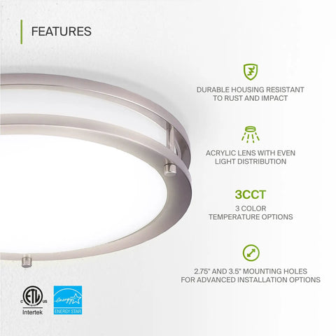 Features of 14 Inch Round Flush Mount Ceiling Light With 3 CCT Dimmable LED Energy Star ETL Listed 21W 1675 Lumens 120V