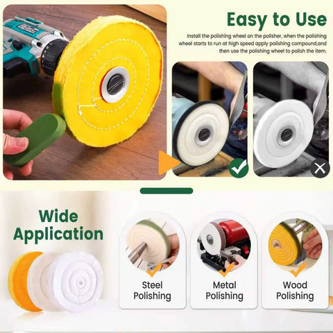 Top Shelf Eight Inch Buffing Polish Wheel Kit For Bench Grinders With Half Inch Arbor showing yellow polish wheel in use for metal finishing.