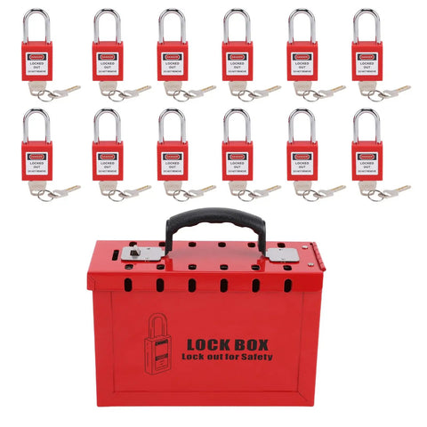 Heavy Duty Portable Group Lockout Box With 12 Piece Padlocks And 24 Keys Built Like A Tank For Industrial Sites Keeping Crew Safe And Gear Locked Down Tight Always, red nylon case with padlocks.